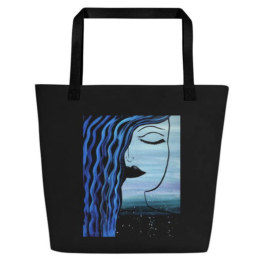 Abstract Face Tote Bag, Black, Large